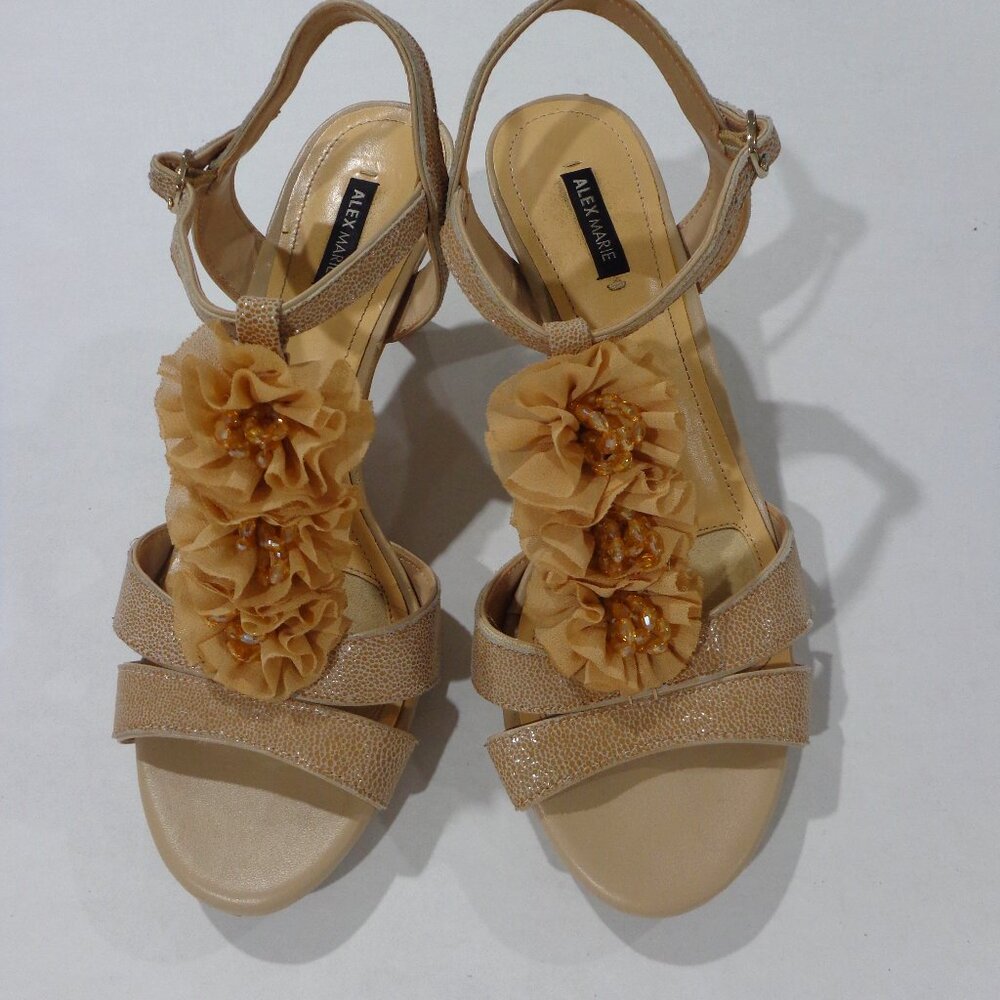 Alex Marie Women's Beige Leather Floral Ruffle Beaded‎ Open Toe Sandals Size 8M